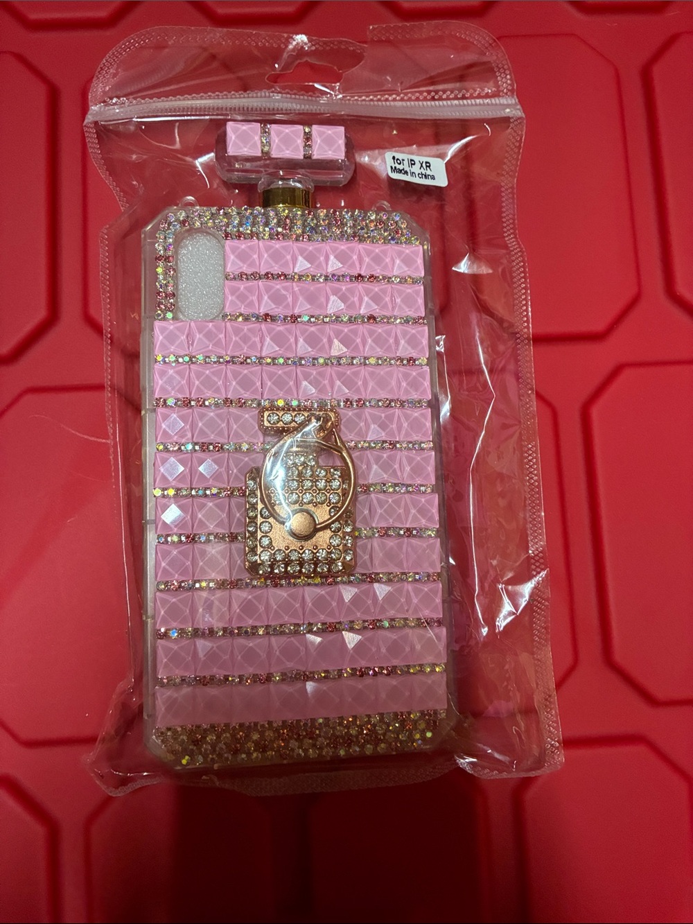 iPhone XR Pink Rhinestone Perfume Bottle Ring Grip Phone Case